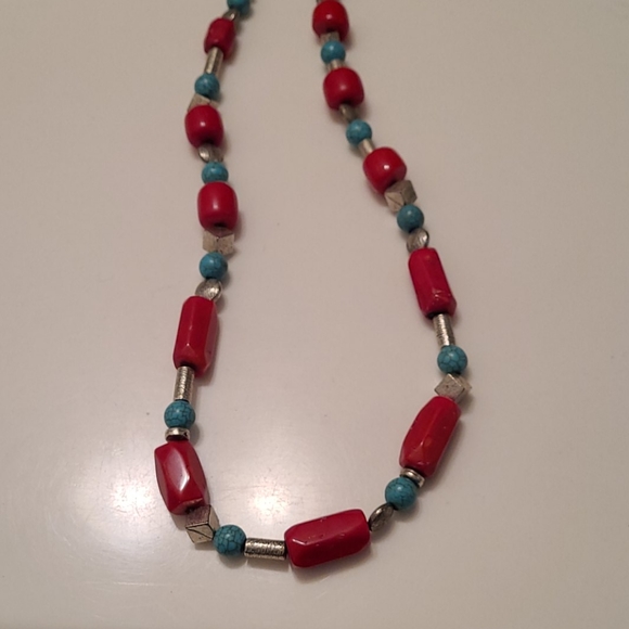 Faux Coral, Turquoise & Silvertone & Bead Necklace - Picture 6 of 9